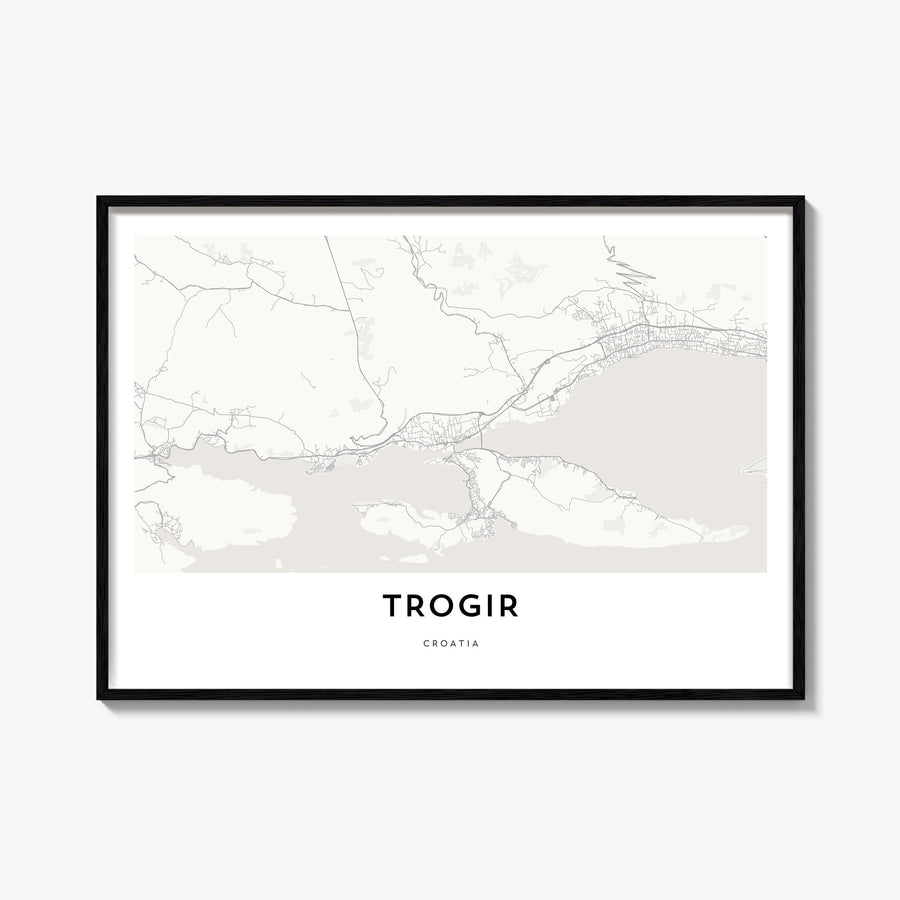 Trogir black & white map poster of Croatia – horizontal wall art, unframed print shown in interior mockup