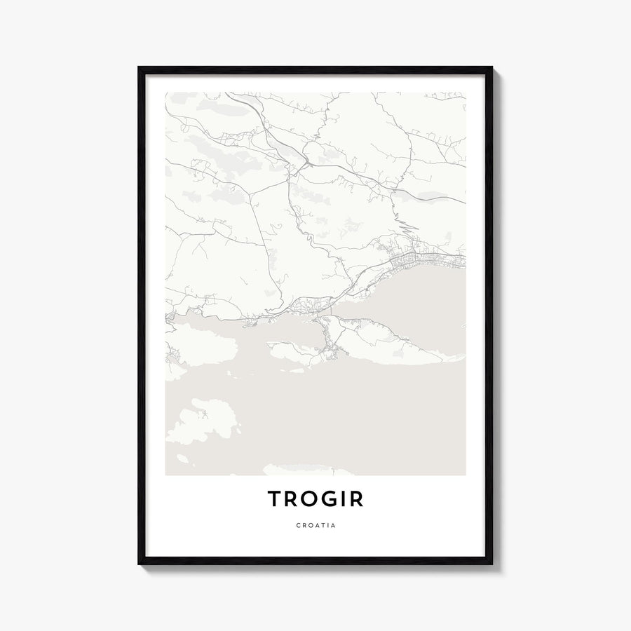 Trogir black & white map poster of Croatia – vertical wall art, unframed print shown in interior mockup