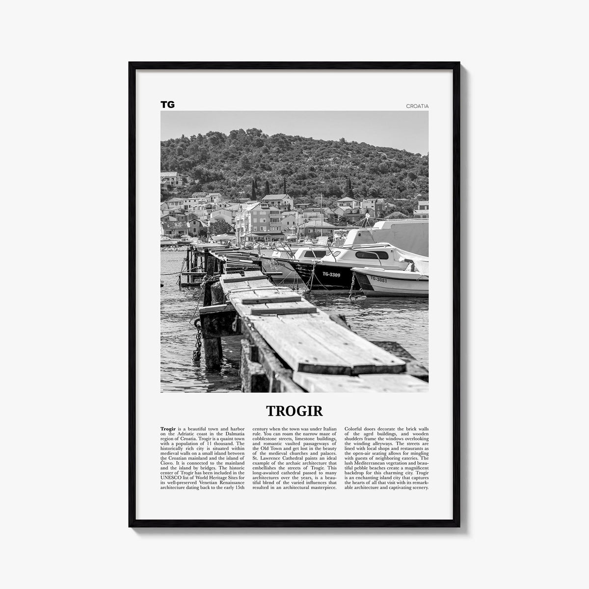 Trogir black & white newspaper poster of Croatia – vertical wall art, unframed print shown in interior mockup