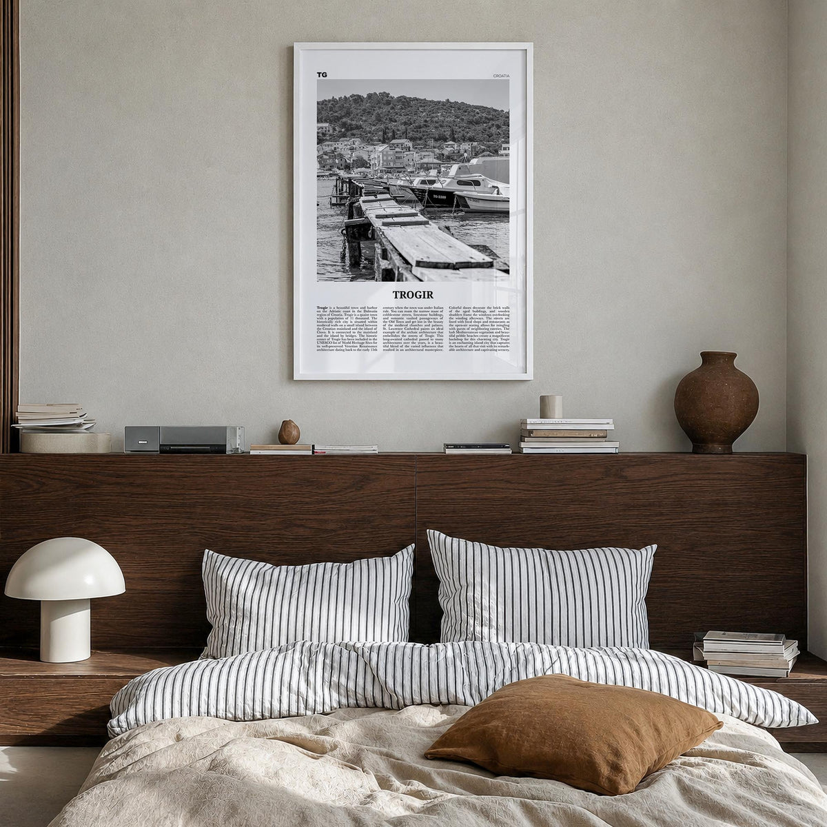 Trogir black & white newspaper poster of Croatia – vertical wall art in white wood frame, hanging on wall