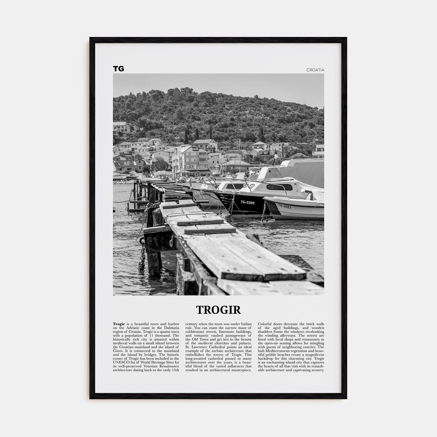 Trogir Poster Black Wood / 8x12 in Nbourhood Travel B&W Poster