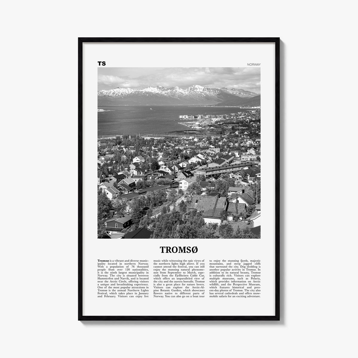 Tromsø black & white newspaper poster of Norway – vertical wall art, unframed print shown in interior mockup