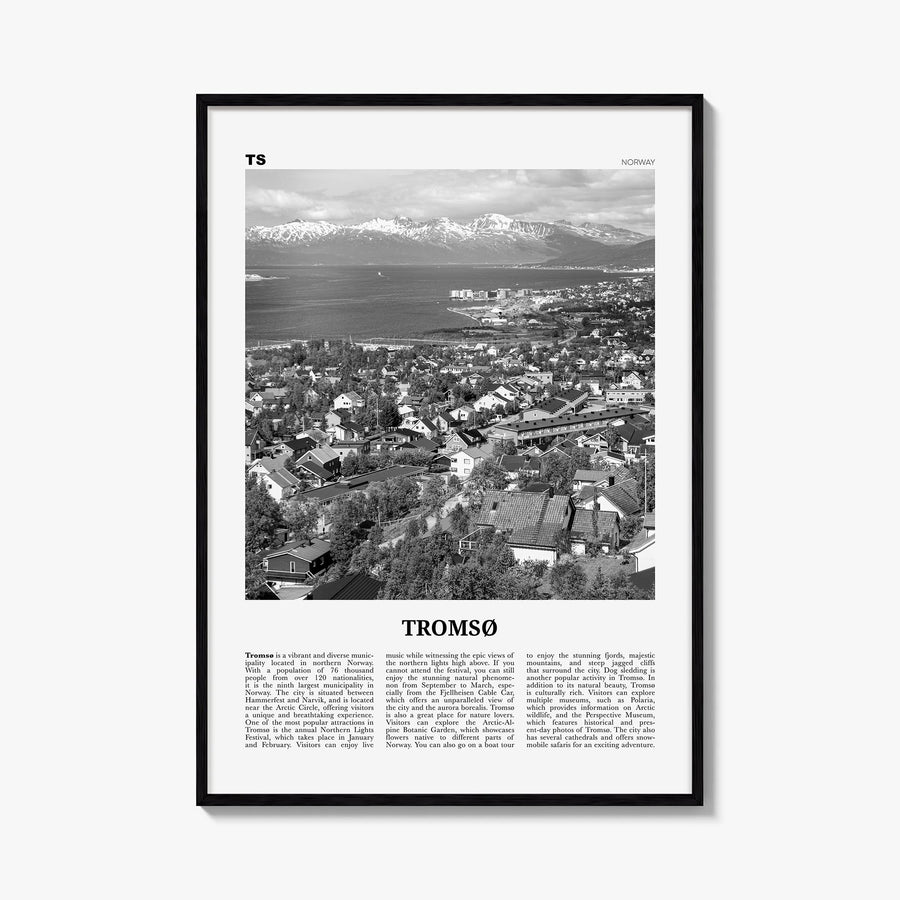 Tromsø black & white newspaper poster of Norway – vertical wall art, unframed print shown in interior mockup