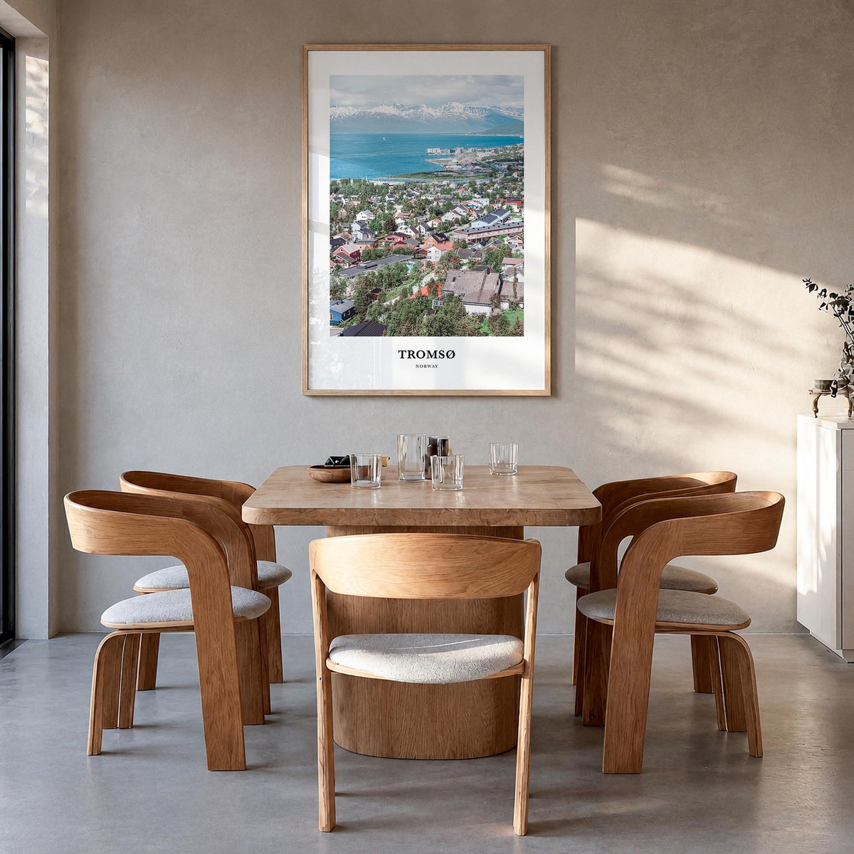 Tromsø colorful classic poster of Norway – vertical wall art in natural wood frame, hanging on wall