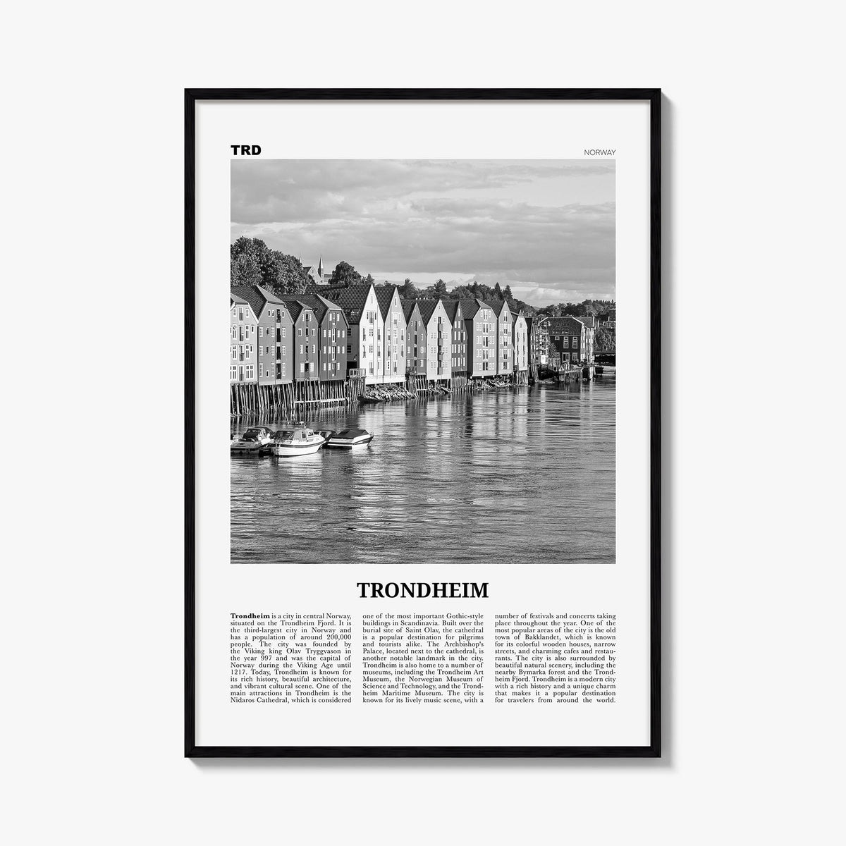 Trondheim black & white newspaper poster of Norway – vertical wall art, unframed print shown in interior mockup