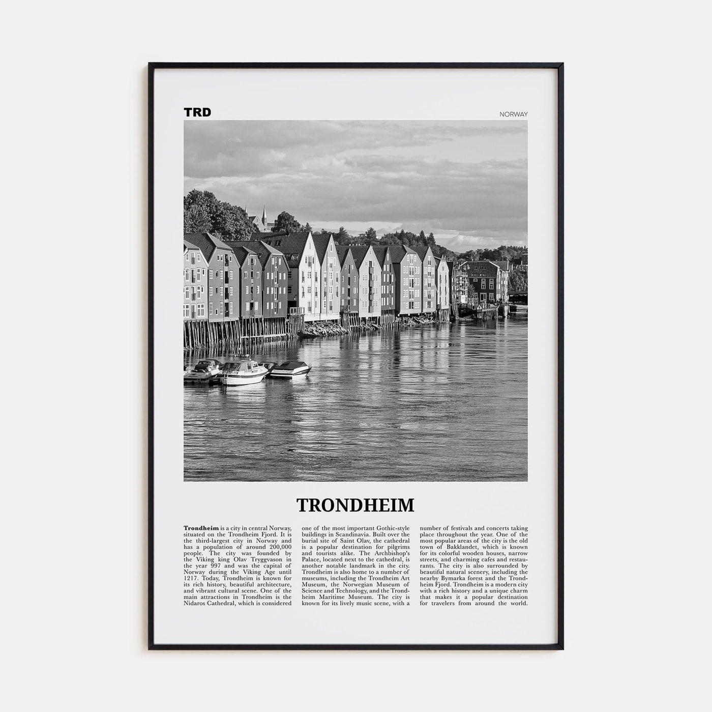 Trondheim Poster Black Metal / 8x12 in Nbourhood Travel B&W Poster
