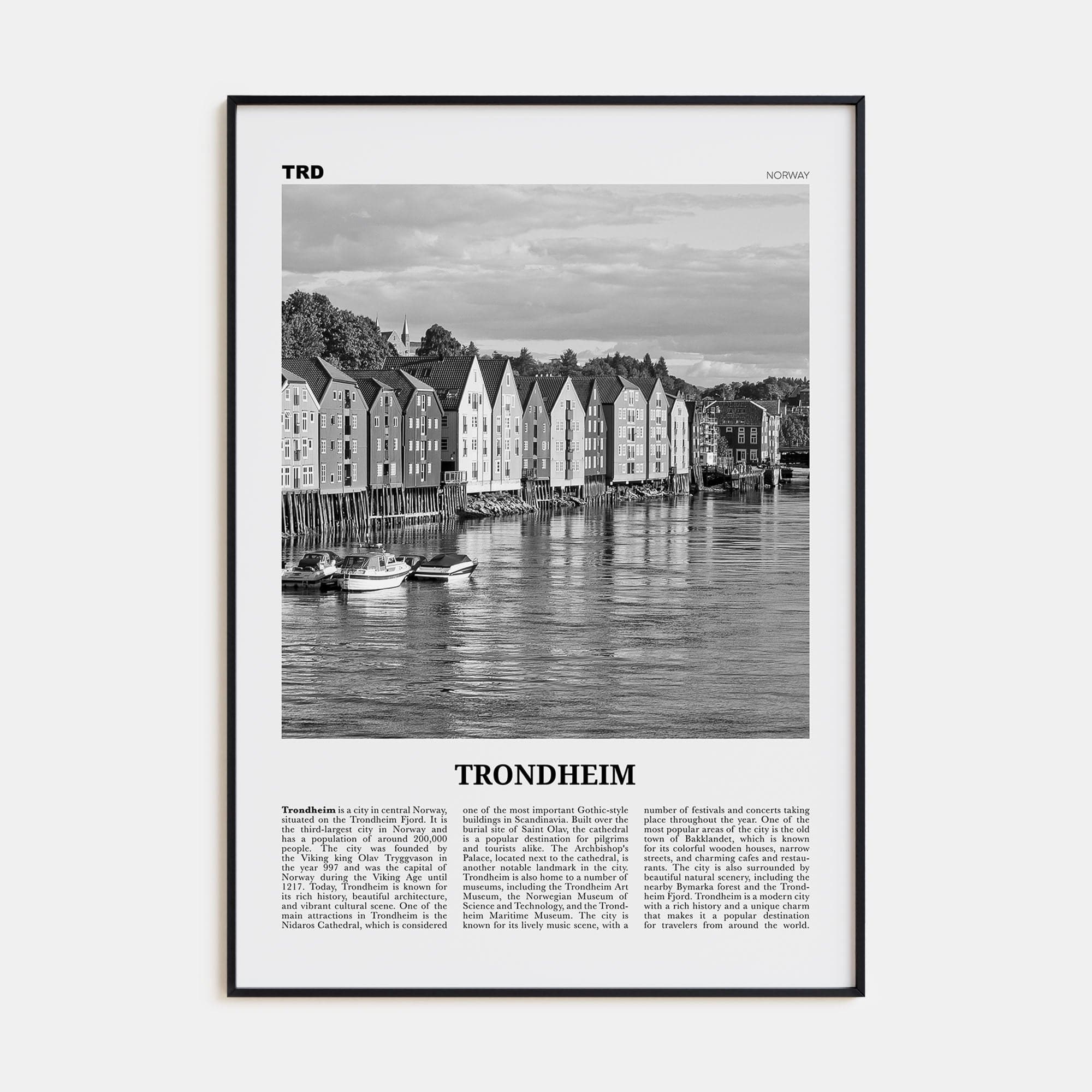 Trondheim Poster Black Metal / 8x12 in Nbourhood Travel B&W Poster