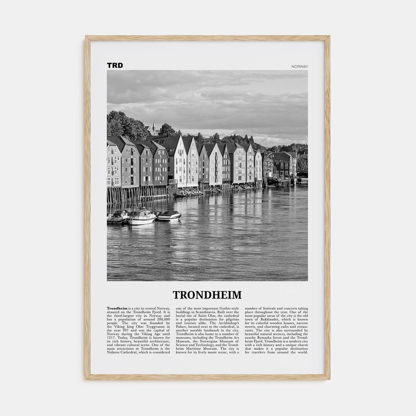 Trondheim Poster Natural Wood / 8x12 in Nbourhood Travel B&W Poster