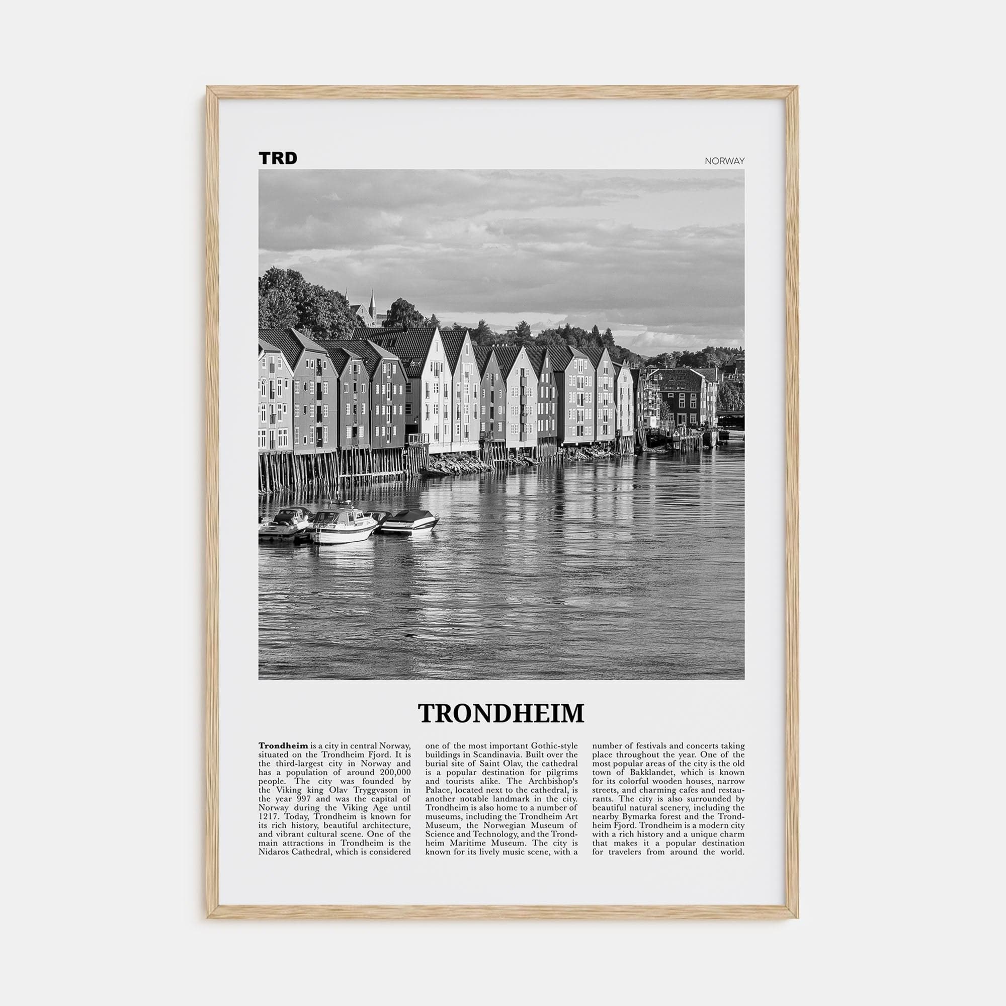 Trondheim Poster Natural Wood / 8x12 in Nbourhood Travel B&W Poster