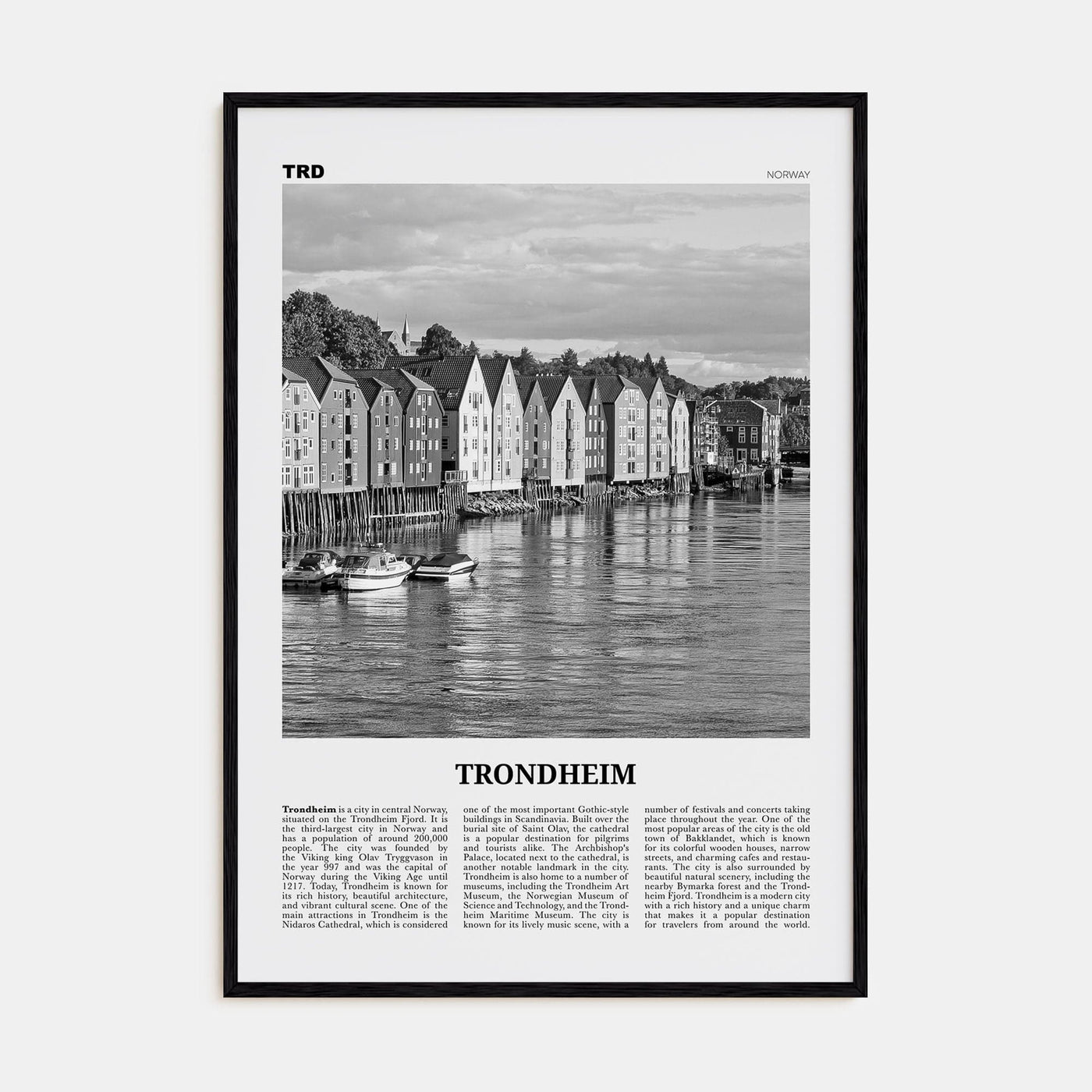 Trondheim Poster Black Wood / 8x12 in Nbourhood Travel B&W Poster
