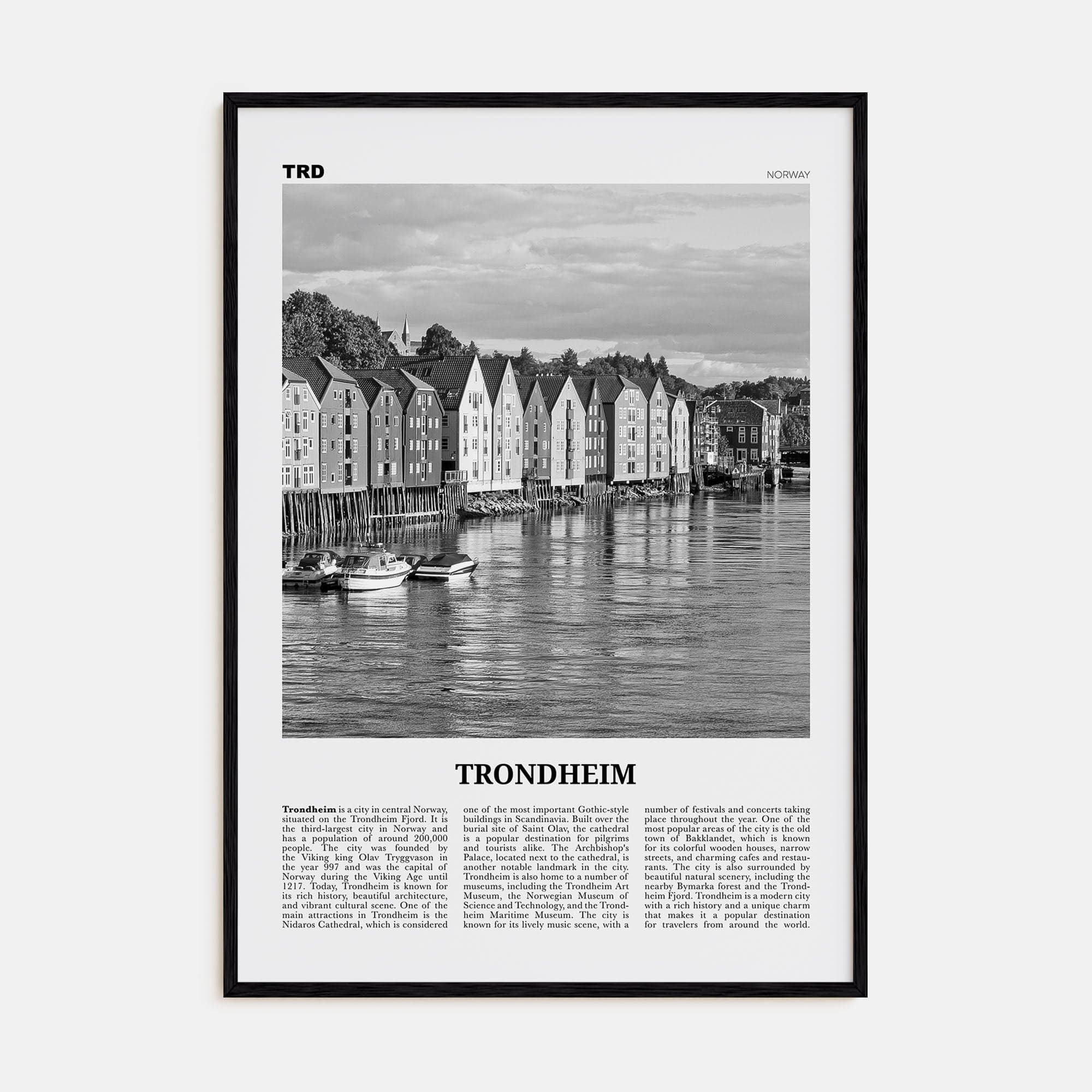 Trondheim Poster Black Wood / 8x12 in Nbourhood Travel B&W Poster