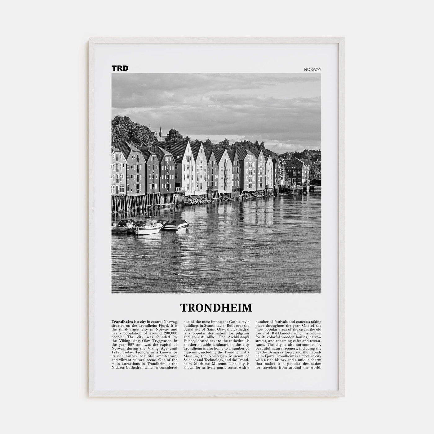 Trondheim Poster White Wood / 8x12 in Nbourhood Travel B&W Poster