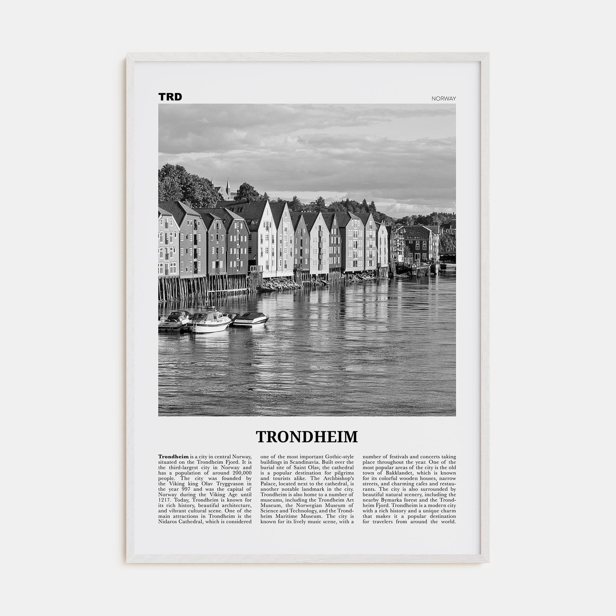 Trondheim Poster White Wood / 8x12 in Nbourhood Travel B&W Poster