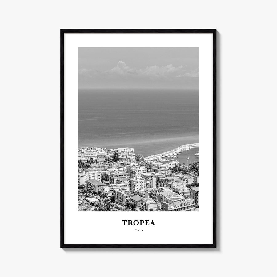 Tropea black & white classic poster of Italy – vertical wall art, unframed print shown in interior mockup