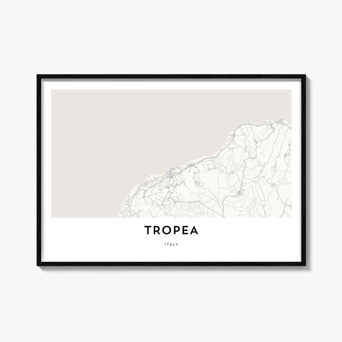 Tropea black & white map poster of Italy – horizontal wall art, unframed print shown in interior mockup