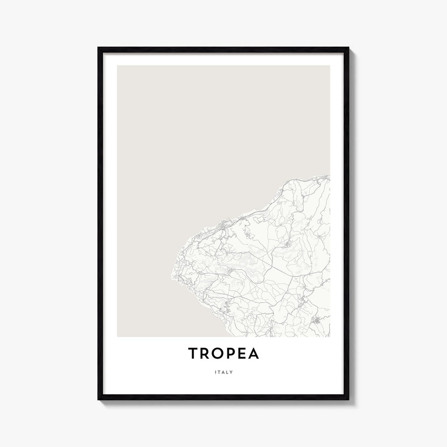 Tropea black & white map poster of Italy – vertical wall art, unframed print shown in interior mockup