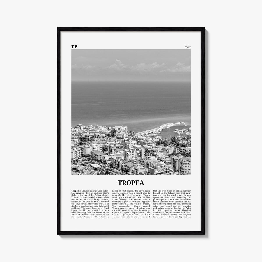 Tropea black & white newspaper poster of Italy – vertical wall art, unframed print shown in interior mockup