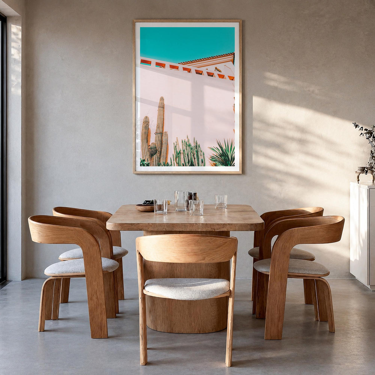 Tropical Mood colorful photo poster – vertical wall art in natural wood frame with white border, hanging on wall