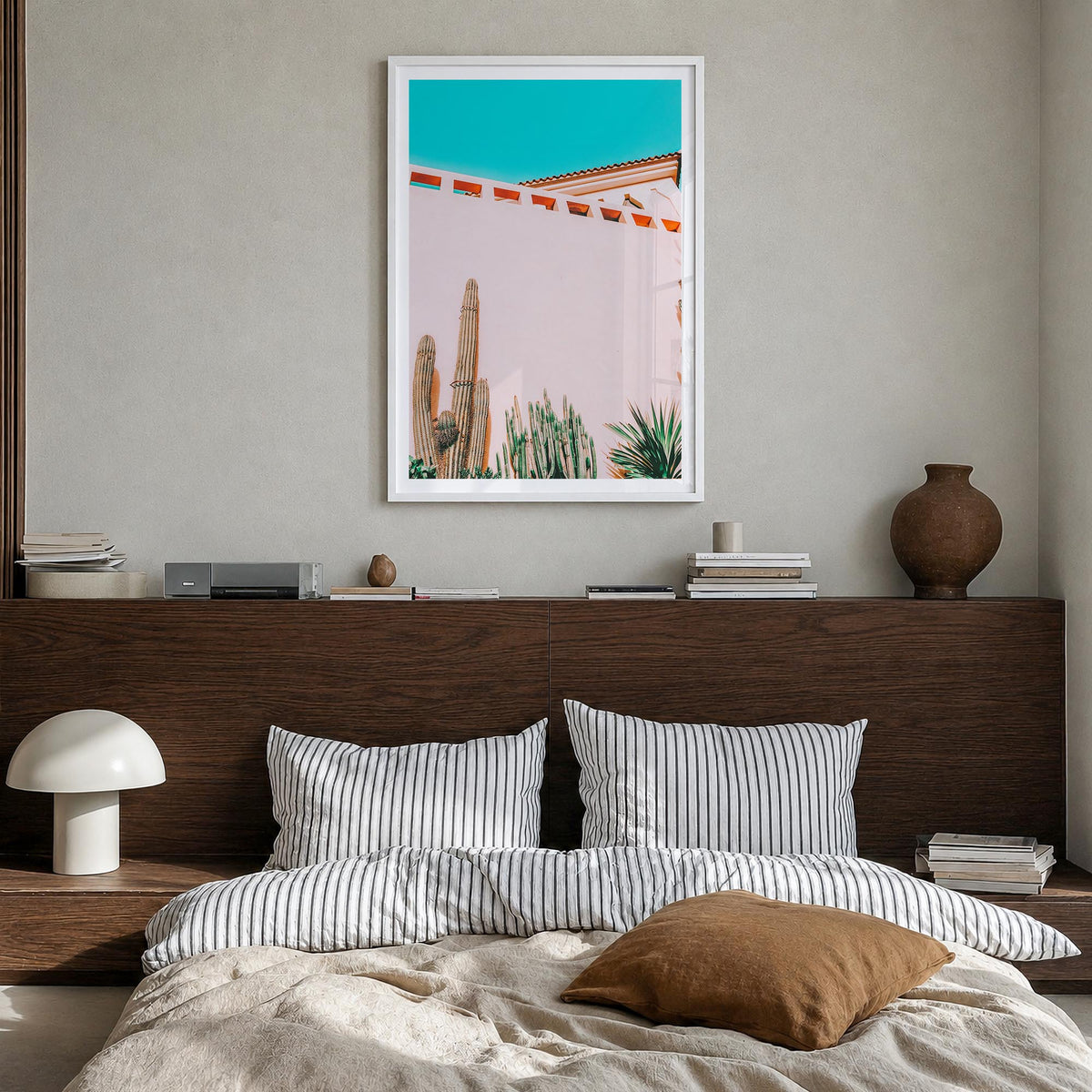 Tropical Mood colorful photo poster – vertical wall art in white wood frame with white border, hanging on wall