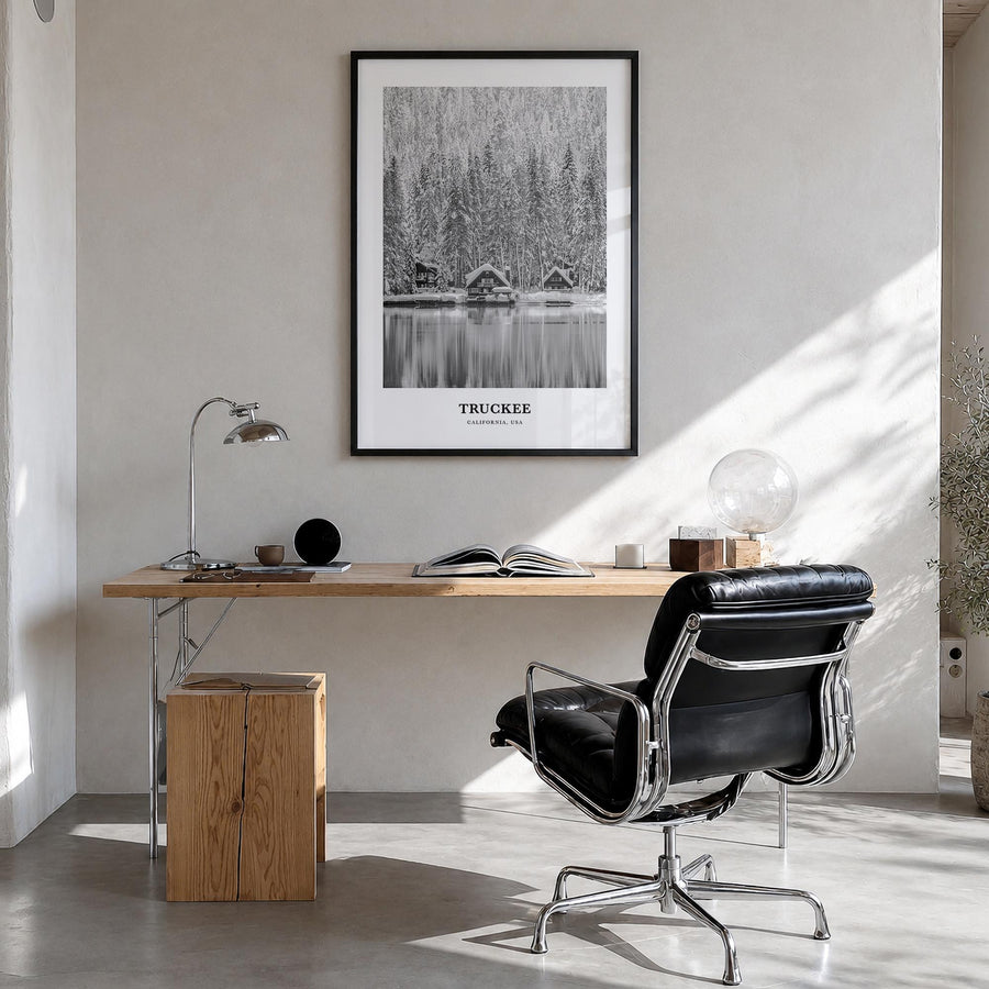 Truckee black & white classic poster of California, USA – vertical wall art in black wood frame, hanging on wall