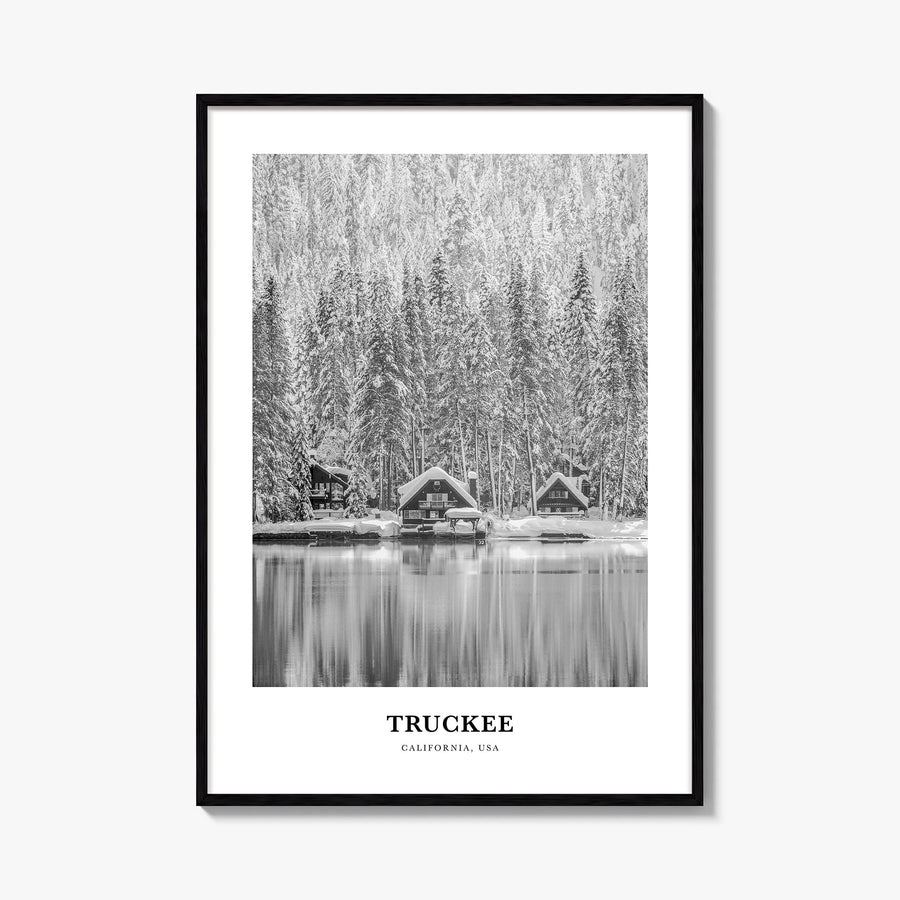 Truckee black & white classic poster of California, USA – vertical wall art, unframed print shown in interior mockup