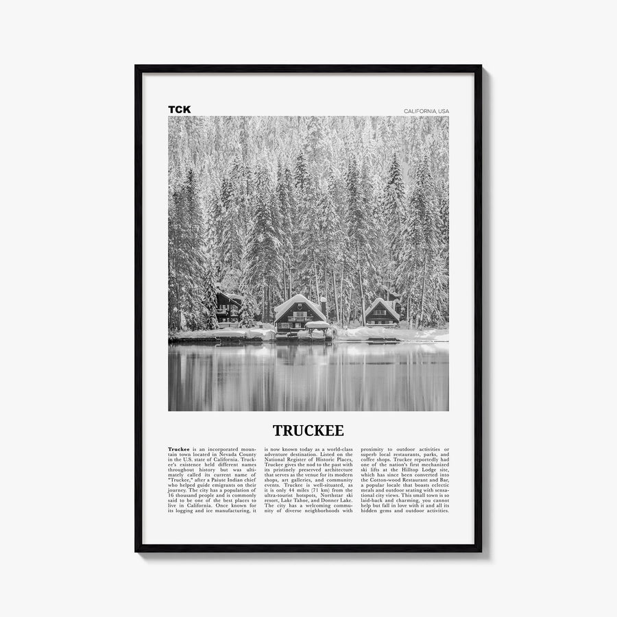 Truckee black & white newspaper poster of California, USA – vertical wall art, unframed print shown in interior mockup