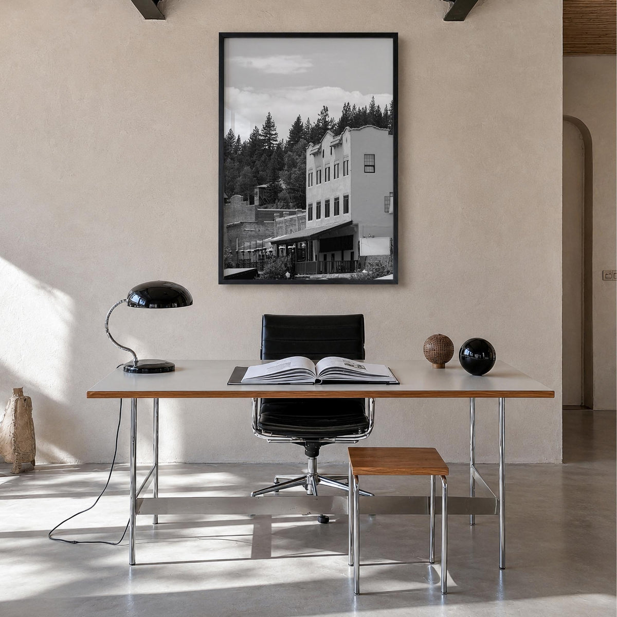 Truckee black & white photo poster of California, USA – vertical wall art in black wood frame, hanging on wall