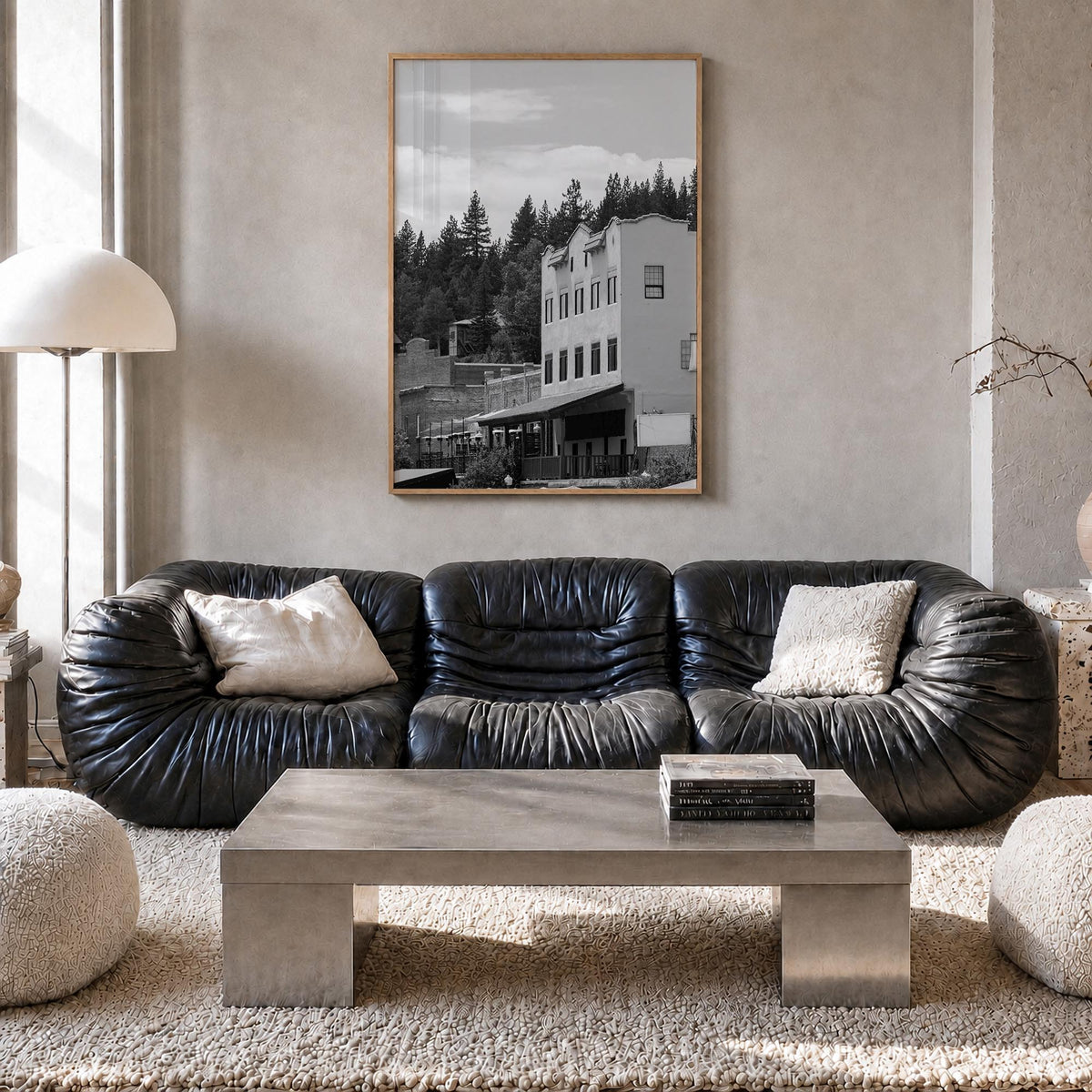 Truckee black & white photo poster of California, USA – vertical wall art in natural wood frame, hanging on wall