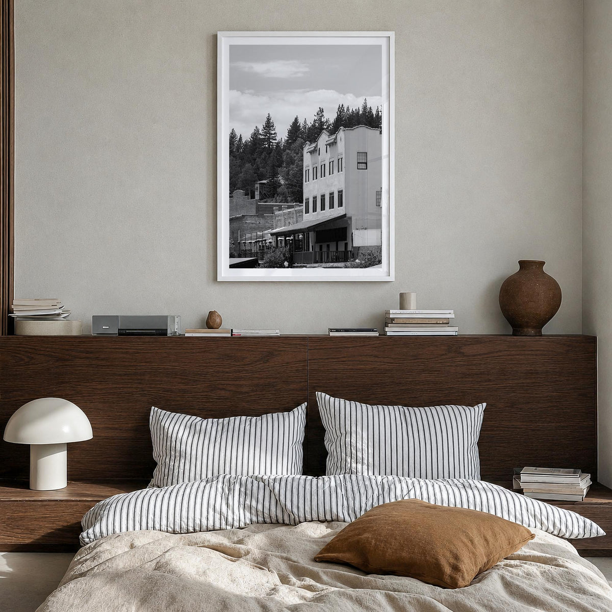 Truckee black & white photo poster of California, USA – vertical wall art in white wood frame with white border, hanging on w