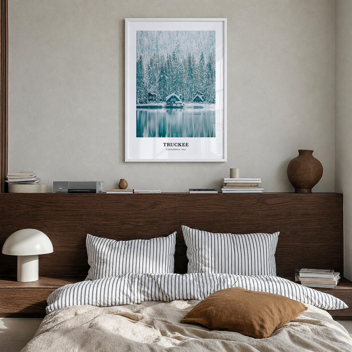 Truckee colorful classic poster of California, USA – vertical wall art in white wood frame, hanging on wall