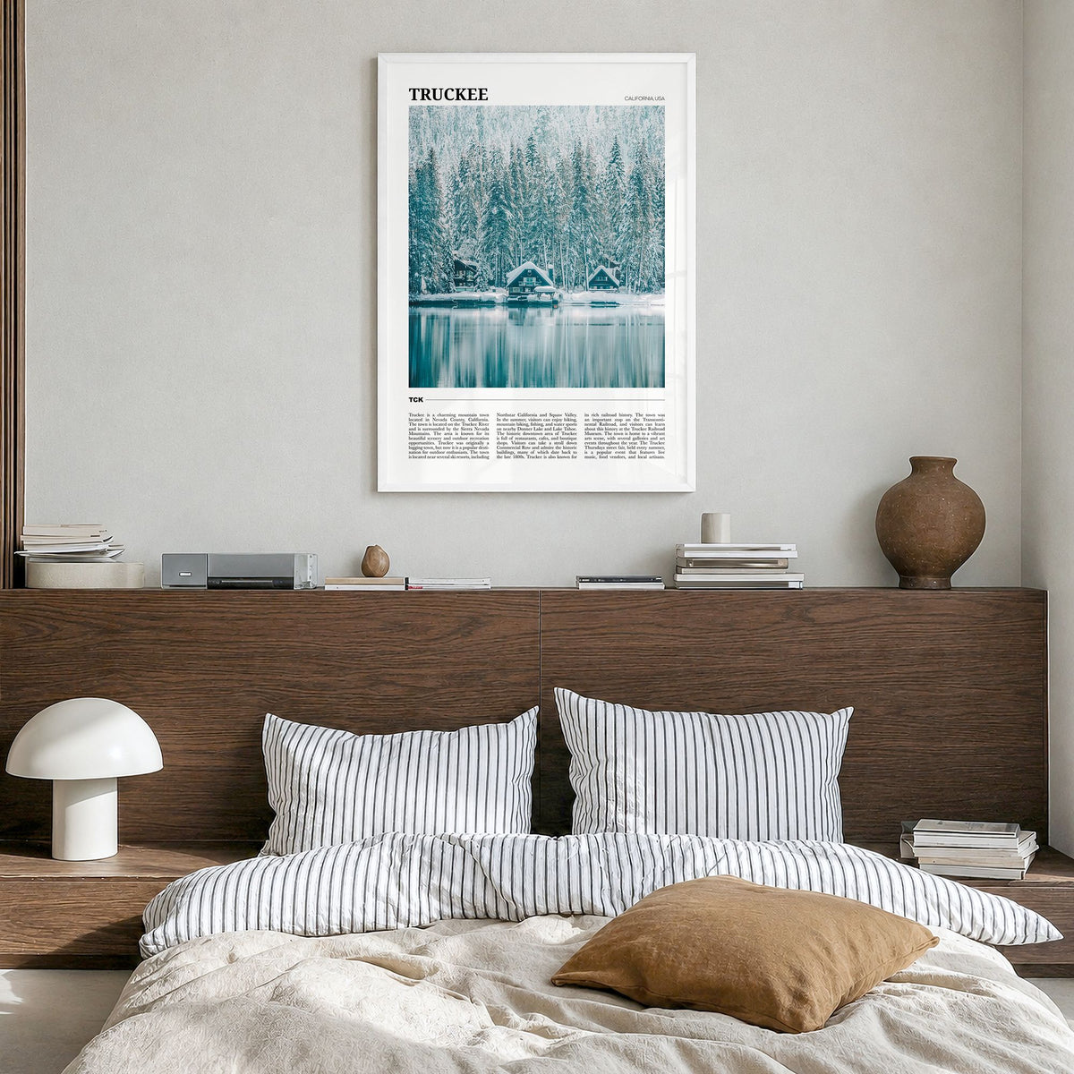 Truckee Travel Poster in a white wood frame, hanging in a bedroom