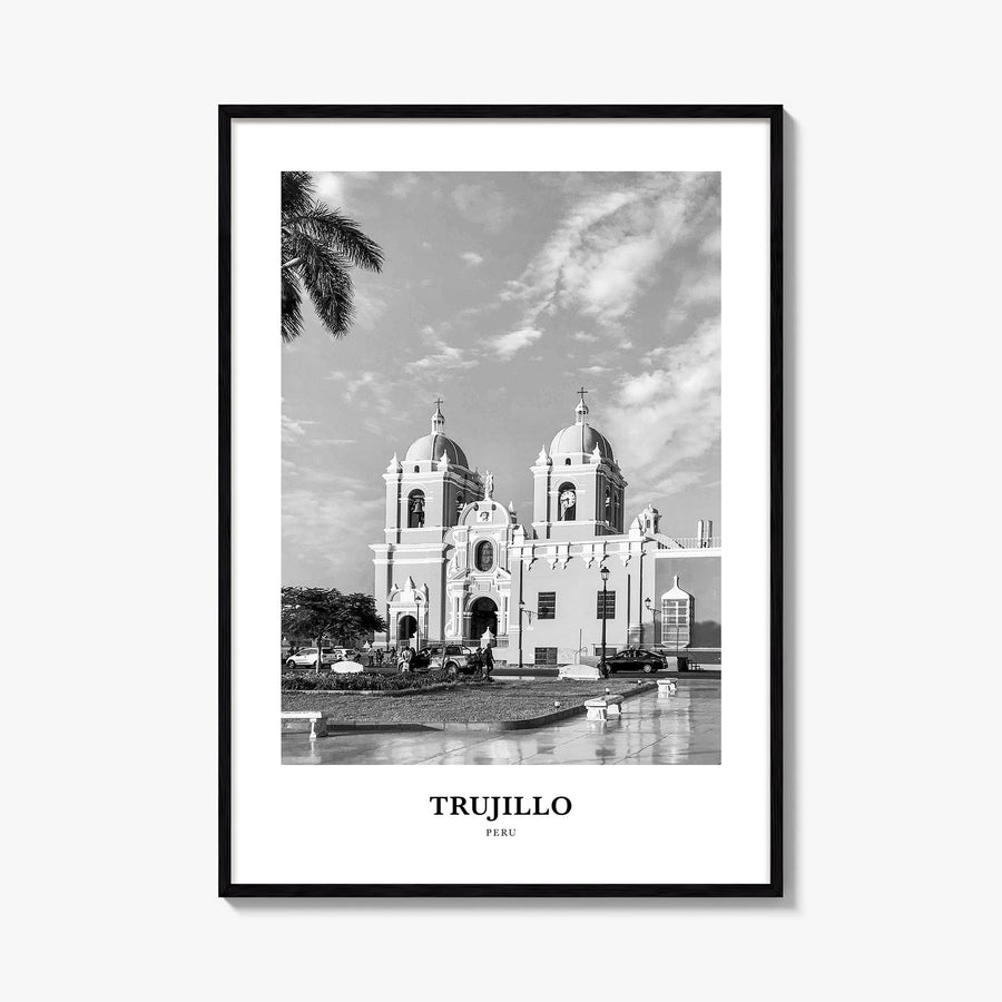 Trujillo black & white classic poster of Peru – vertical wall art, unframed print shown in interior mockup