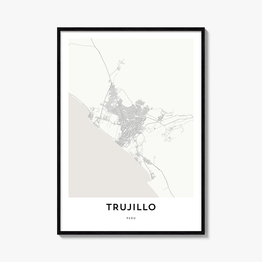 Trujillo black & white map poster of Peru – vertical wall art, unframed print shown in interior mockup
