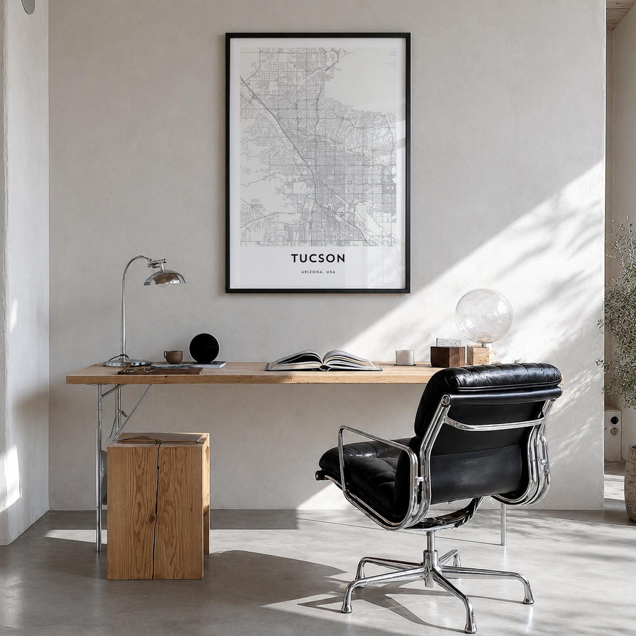 Tucson black & white map poster of Arizona, USA – vertical wall art in black wood frame, hanging on wall