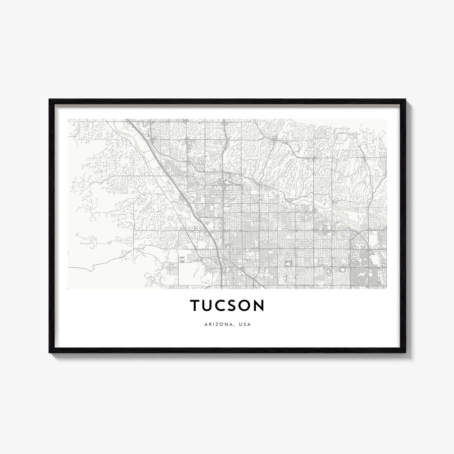 Tucson black & white map poster of Arizona, USA – horizontal wall art, unframed print shown in interior mockup