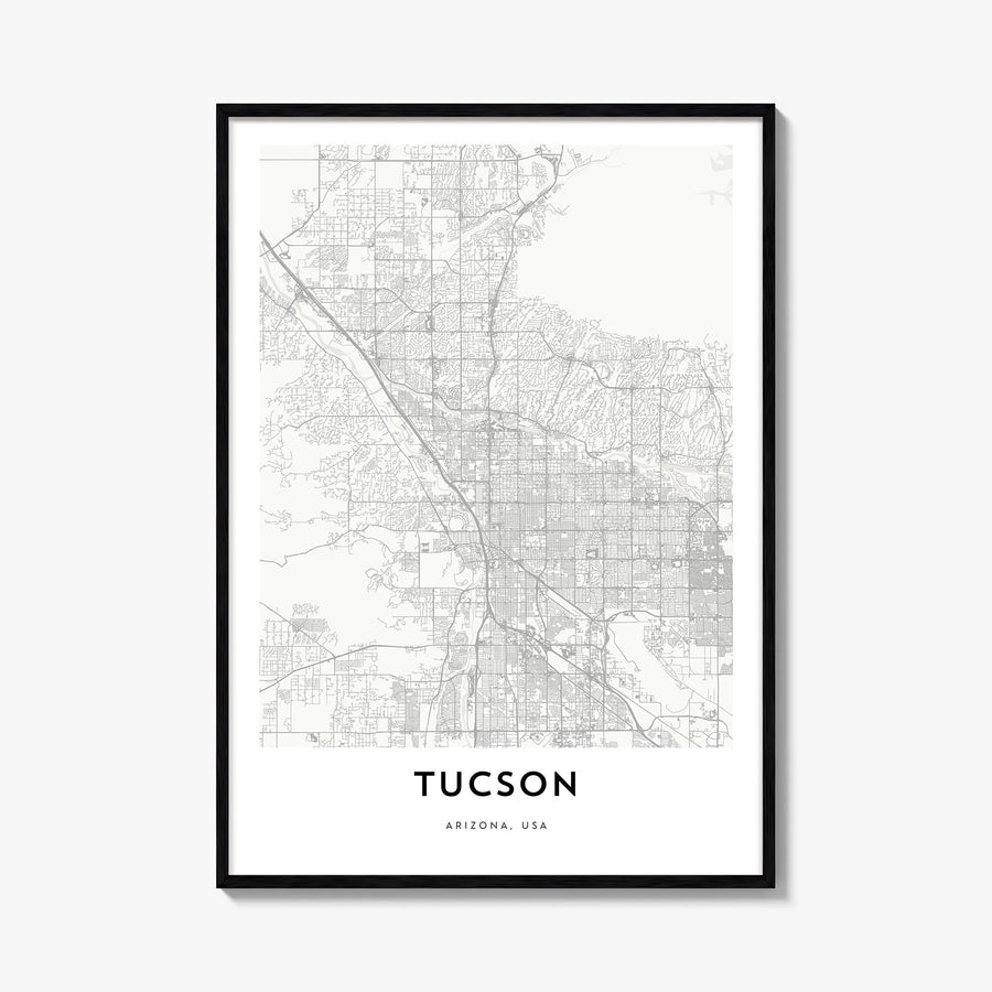 Tucson black & white map poster of Arizona, USA – vertical wall art, unframed print shown in interior mockup