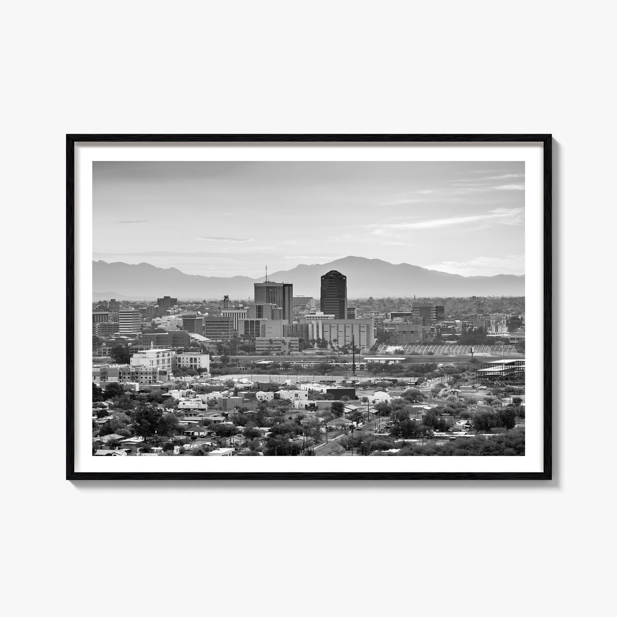 Tucson black & white photo poster of Arizona, USA – horizontal wall art, unframed print shown in interior mockup