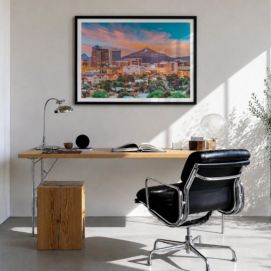 Tucson colorful photo poster of Arizona, USA – horizontal wall art in black wood frame with white border, hanging on wall