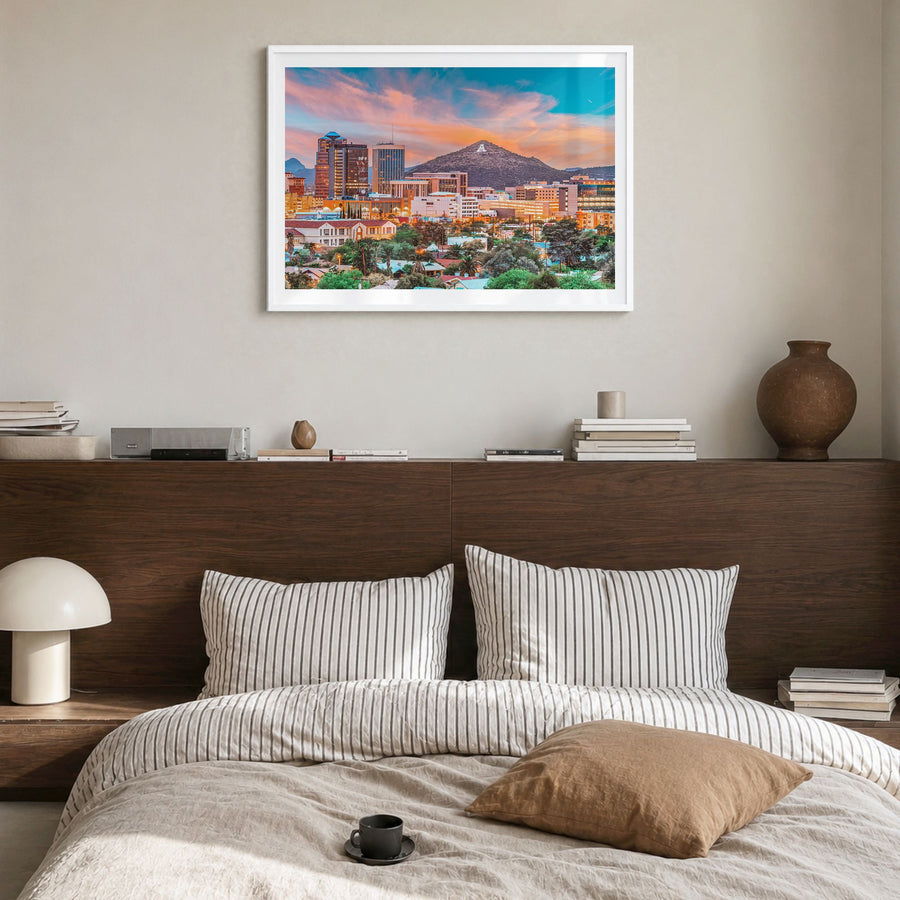 Tucson Photo Poster in a white wood frame, hanging in a bedroom, white border