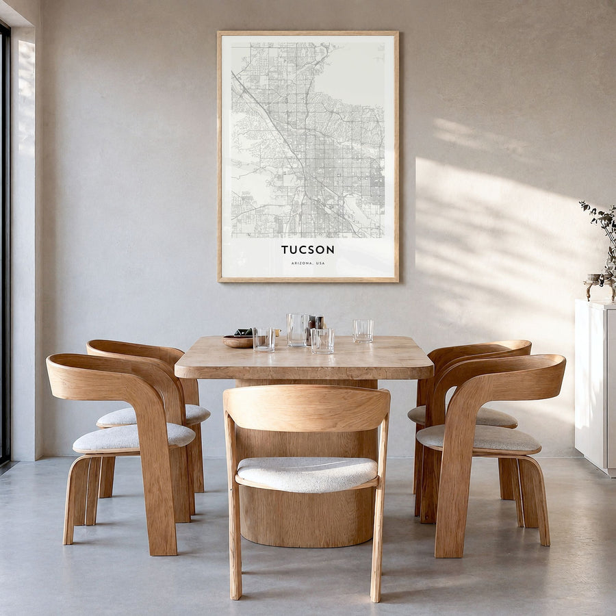 Tucson Map Poster in a natural wood frame, hanging in a dining room