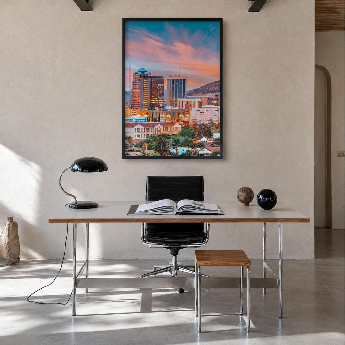 Tucson no. 1 colorful photo poster of Arizona, USA – vertical wall art in black wood frame, hanging on wall