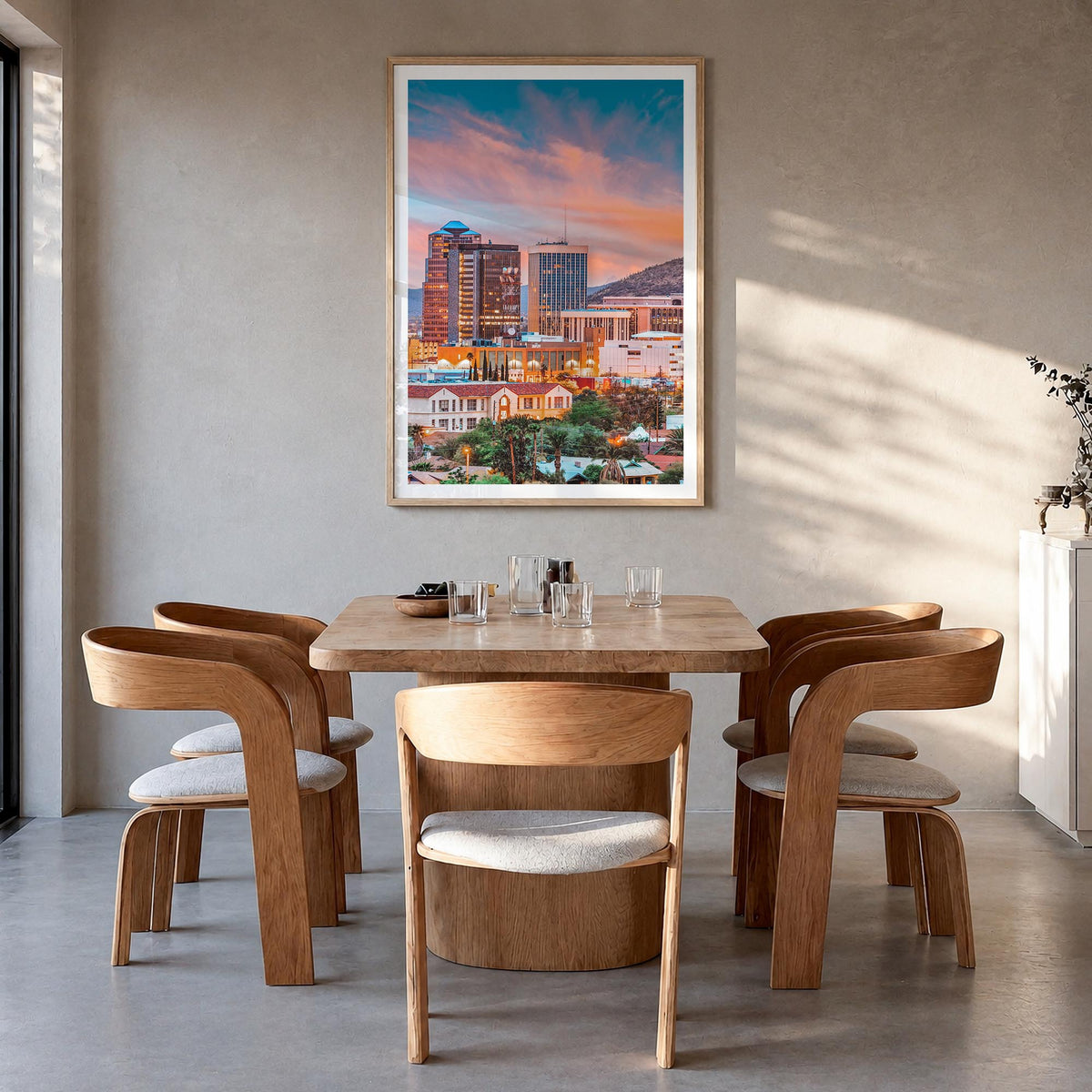 Tucson no. 1 colorful photo poster of Arizona, USA – vertical wall art in natural wood frame with white border, hanging on wa