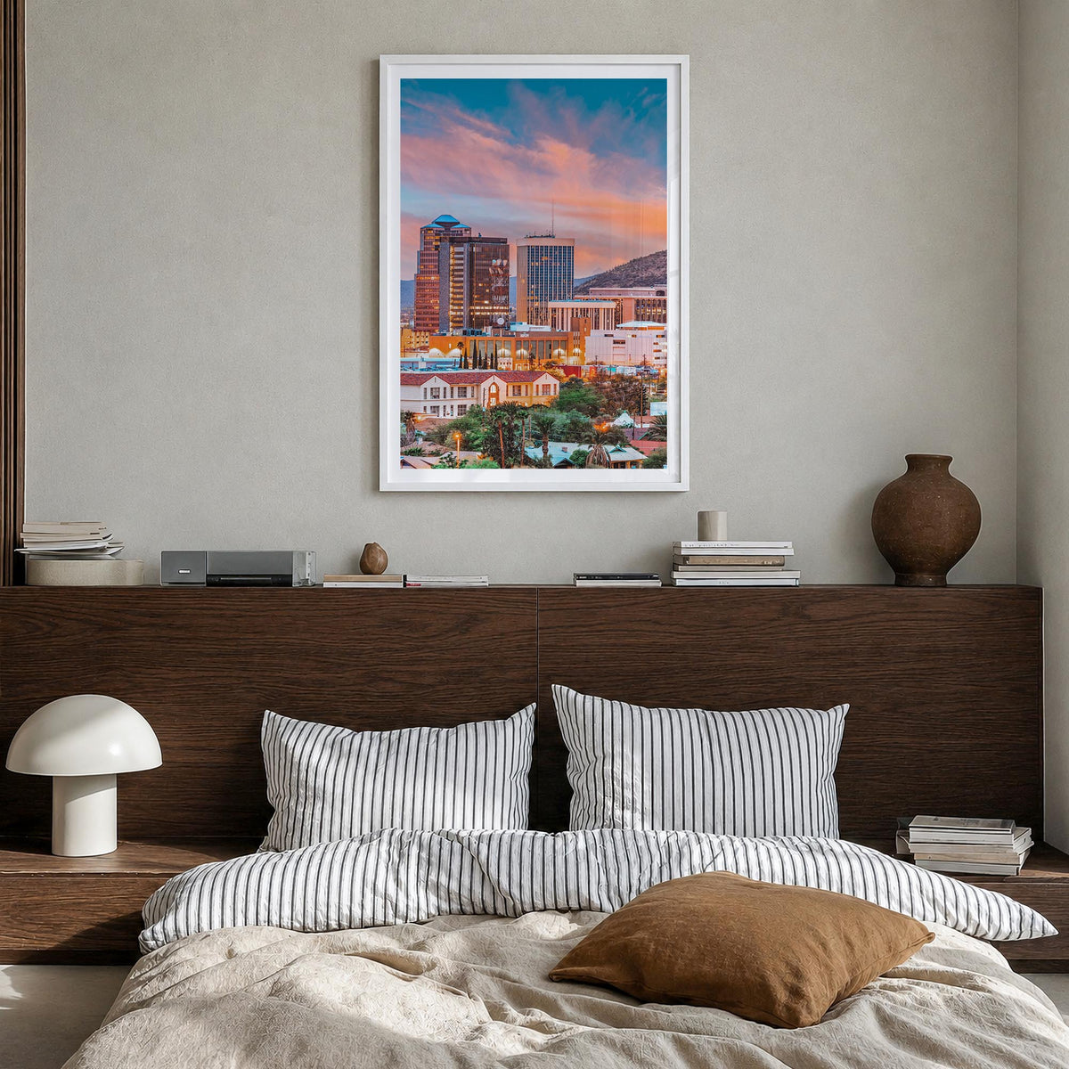 Tucson no. 1 colorful photo poster of Arizona, USA – vertical wall art in white wood frame with white border, hanging on wall