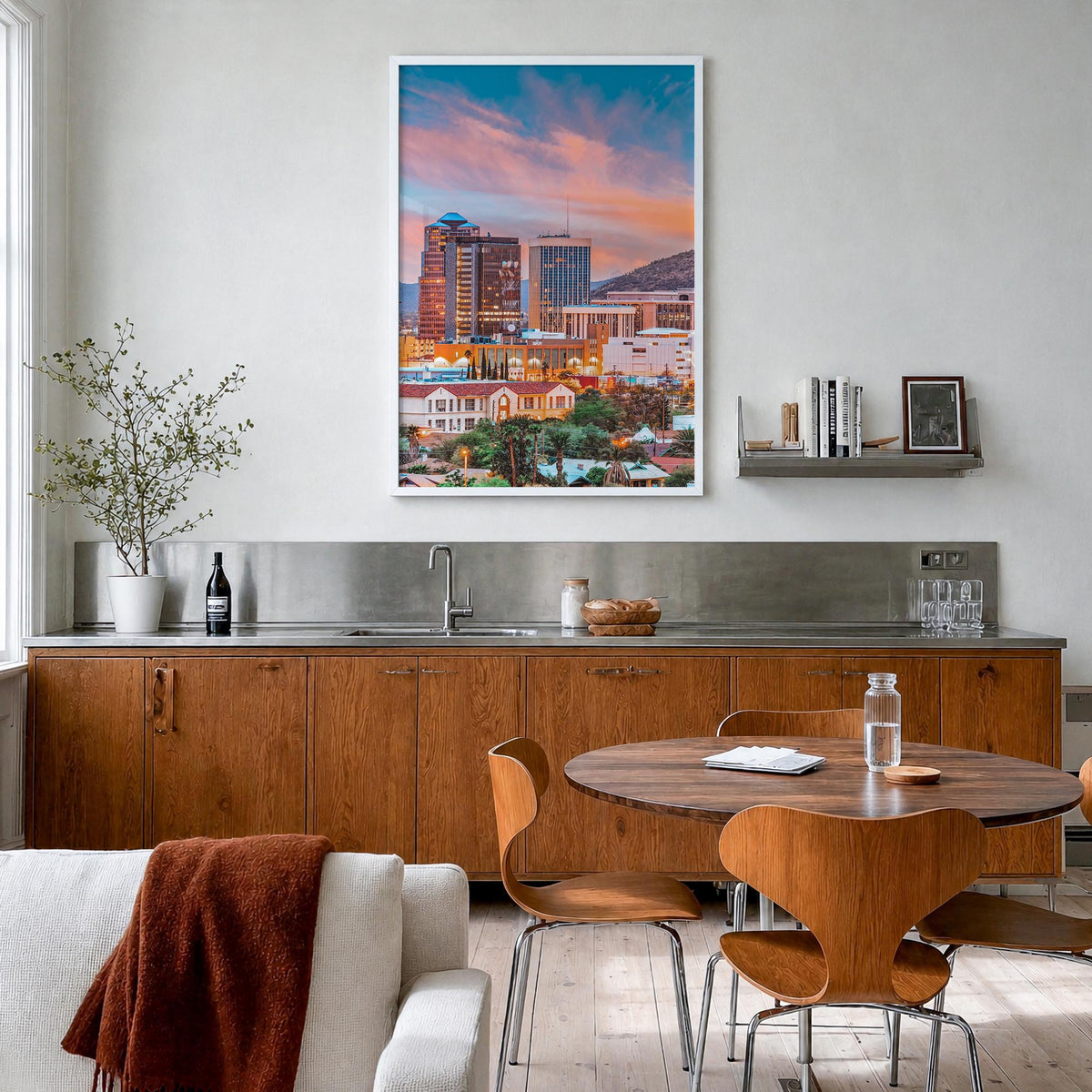 Tucson no. 1 colorful photo poster of Arizona, USA – vertical wall art in white wood frame, hanging on wall