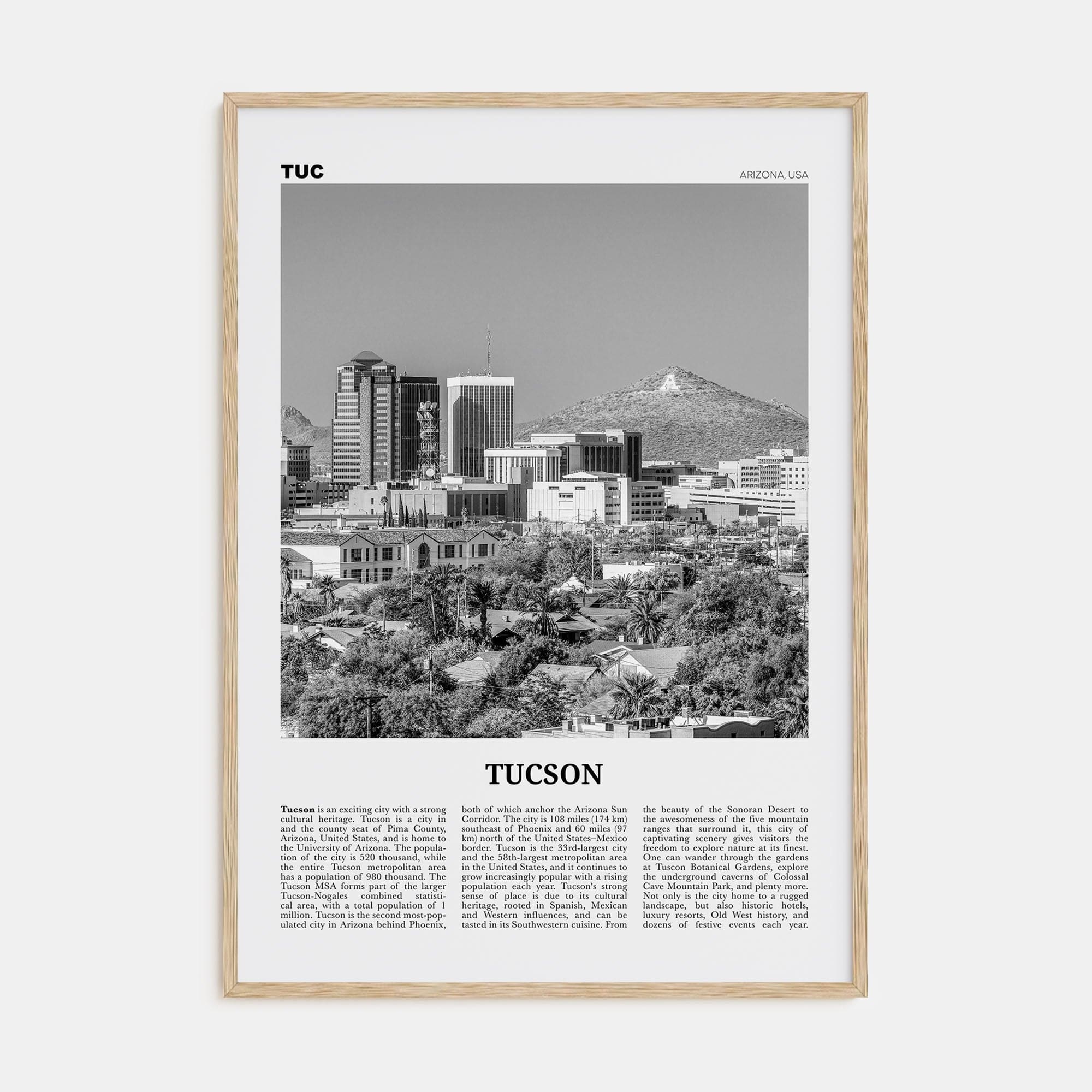 Tucson No 1 Poster Natural Wood / 8x12 in Nbourhood Travel B&W Poster