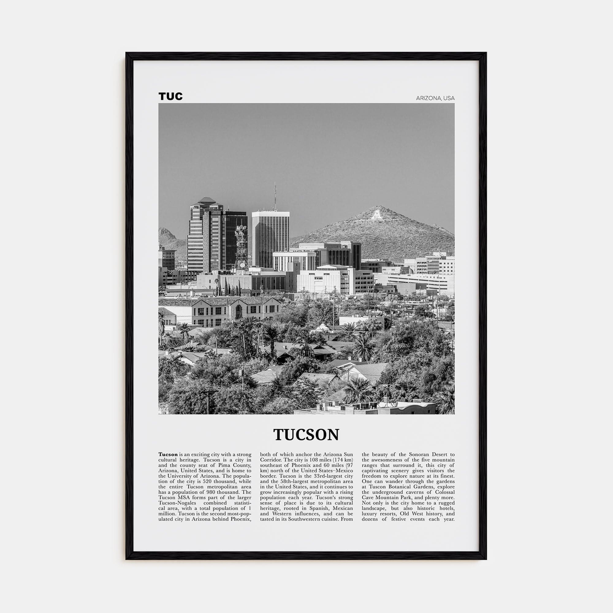 Tucson No 1 Poster Black Wood / 8x12 in Nbourhood Travel B&W Poster