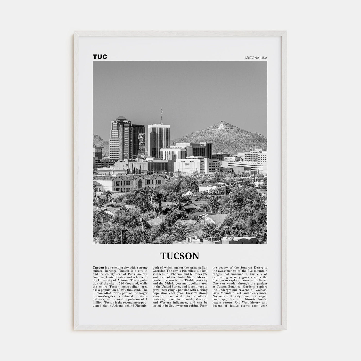 Tucson No 1 Poster White Wood / 8x12 in Nbourhood Travel B&W Poster