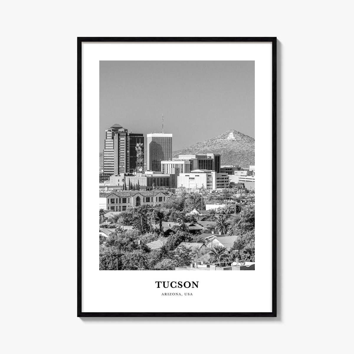 Tucson no. 2 black & white classic poster of Arizona, USA – vertical wall art, unframed print shown in interior mockup
