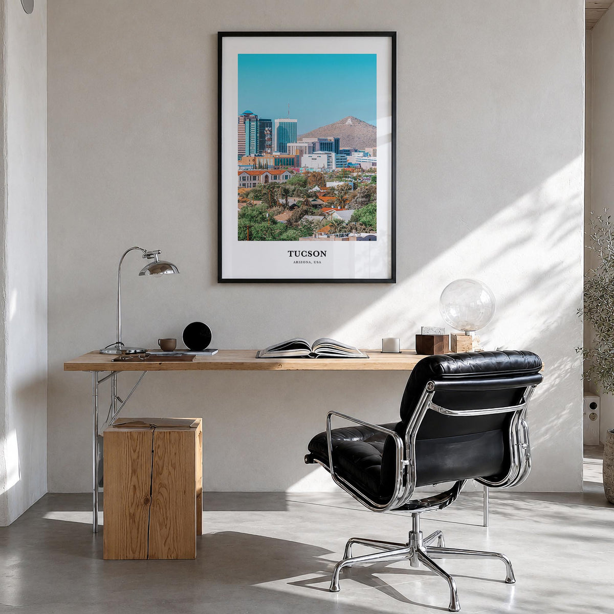 Tucson no. 2 colorful classic poster of Arizona, USA – vertical wall art in black wood frame, hanging on wall