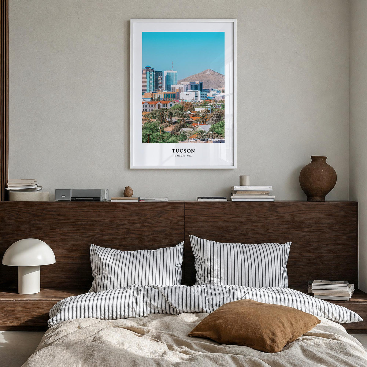 Tucson no. 2 colorful classic poster of Arizona, USA – vertical wall art in white wood frame, hanging on wall